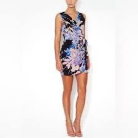 Yumi Kim Floral Print Faux Wrap Mini Dress S Sleeveless Side Tie Black Blue - Picture 2 of 11